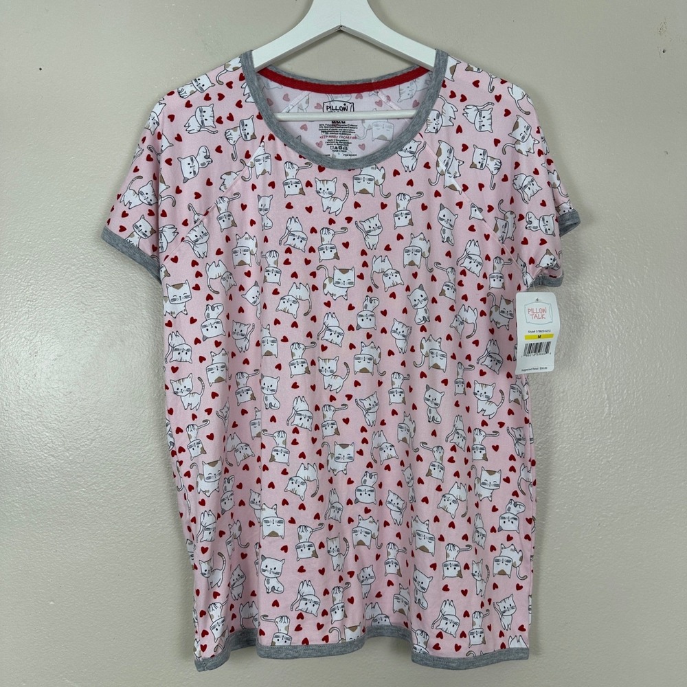 Pillow Talk Women's M Pajama Top‎ Pink Cat Heart Print Short Sleeve 578620-X313